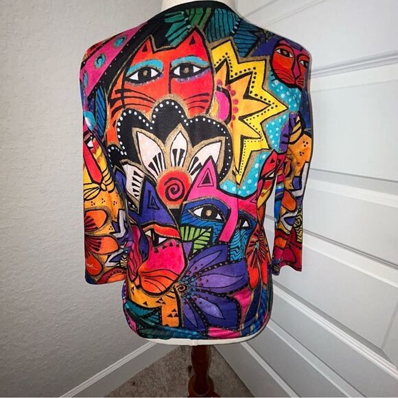 Laurel Burch Cat Garden Party Print 3/4 Length Sleeve Statement Shirt Top - Picture 3 of 12